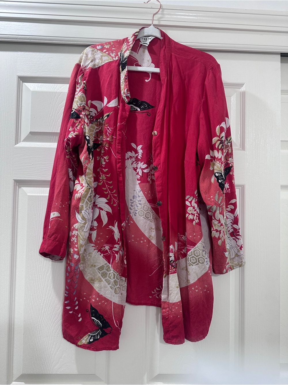 Citron Rose-Red Floral Kimono Robe with Butterfly Motif